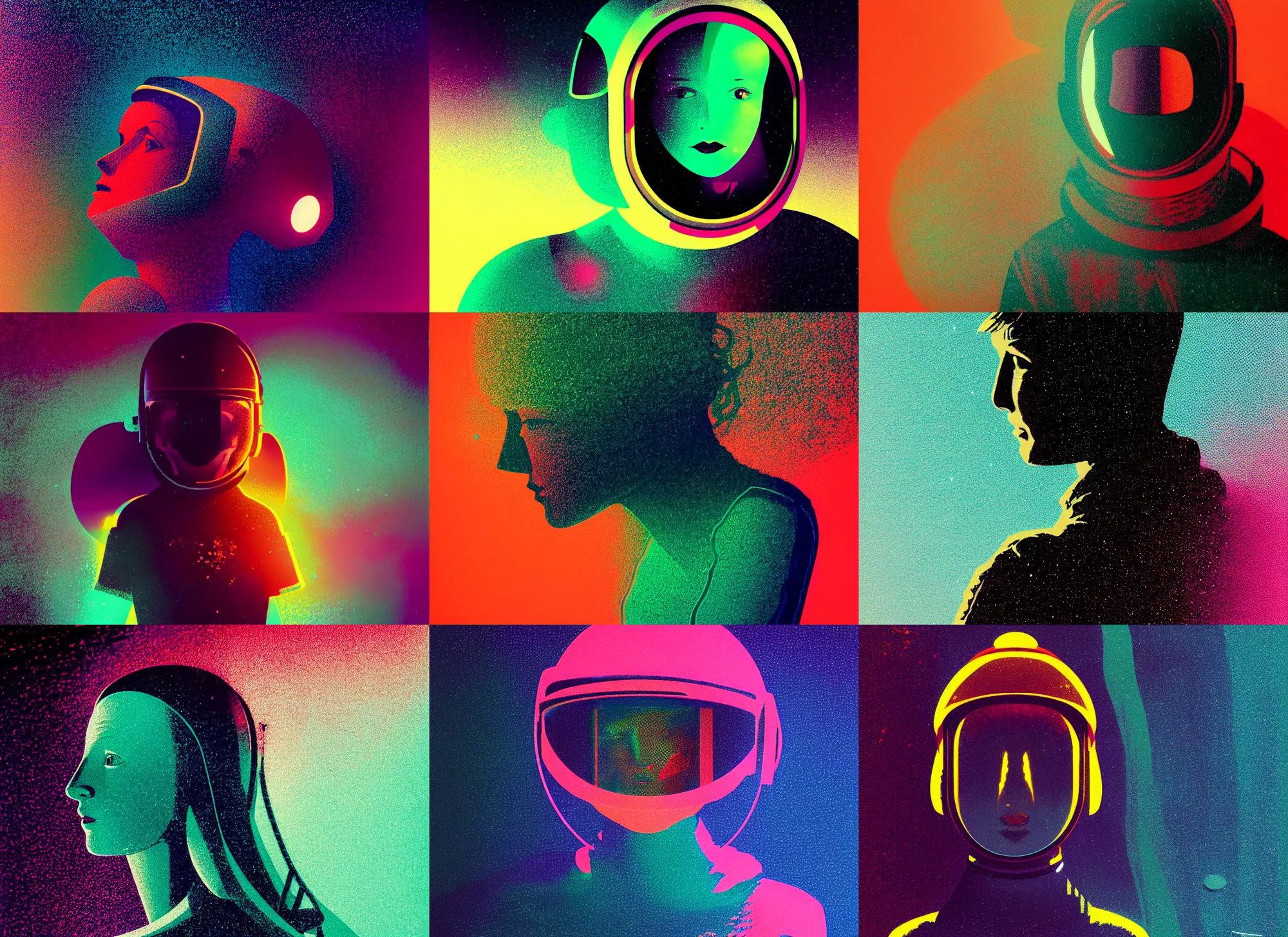 Prompt: ( ( dither ) ), editorial illustration portrait of a young astronaut girl, colorful modern art deco, mads berg, karolis strautniekas, christopher balaskas, stippled light, moody, fine texture, dramatic lighting, dynamic composition, detailed, matte print, dynamic perspective, muted color, lomography, ( ( risograph ) )