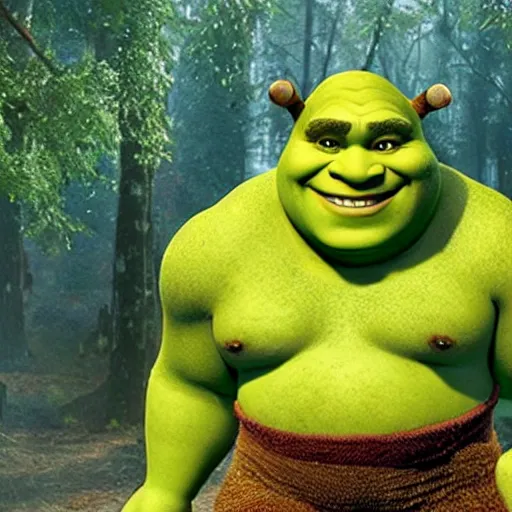 Image similar to shrek, but thin, well muscled and handsome