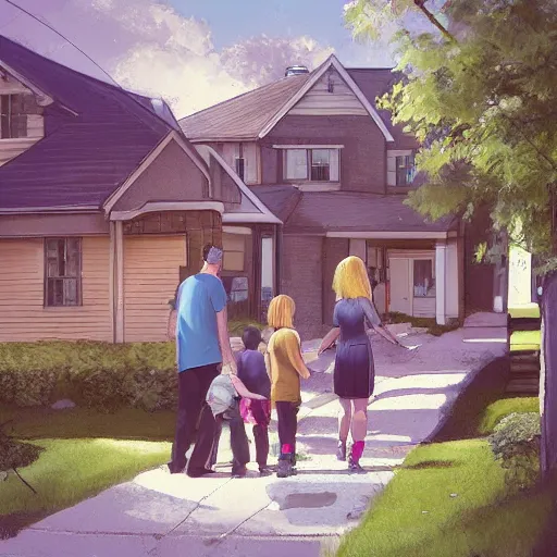 Image similar to a family hovers over the sidewalk in suburban neighborhood, artstation