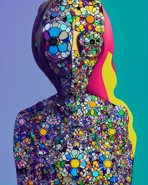 Image similar to A portrait of a woman with a dress designed by Takashi Murakami, fashion art by beeple