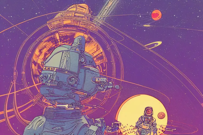 Prompt: an illustration of a space hero with a laser blaster with Saturn filling the background, 1950s sci-fi by Moebius, intricate linework, 4k, highly detailed