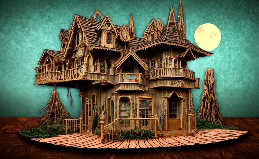 Prompt: one single stand alone huge hyperdetailed elaborate home, seen from the long distance, at night. in a wood made of paper and plastics. maximalist unespected elements. free sky in matte warm tones. 8 x 1 6 k hd mixed media 3 d collage in the style of a childrenbook illustration in pastel tones. matte background no frame hd