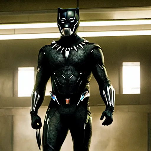 Image similar to cinematic film still of Ryan Gosling as Black Panther wearing his armour without the helmet in Avengers: Endgame