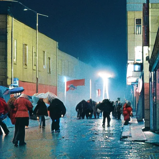 Prompt: 1990s movie , orbit space soviet city Norilsk street with many pedestrians as a loading screen , Cinestill 800t 18mm, heavy grainy picture, very detailed, high quality, 4k panoramic, dramatic lightning, streetlight at night, rain, mud, foggy, soviet flags