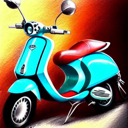 Prompt: a turquoise vespa moped, realistic, concept art, intricate details, detailed, rim light, photorealistic, pencil and watercolor, art by artgerm and greg rutkowski