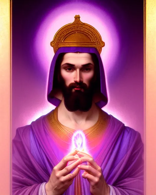 Image similar to portrait of saint germain, he is holding the violet purple indigo flame, completely violet colored, intricate, elegant, highly detailed, digital painting, artstation, concept art, smooth, sharp focus, illustration, art by artgerm and greg rutkowski and fra angelico and alphons mucha