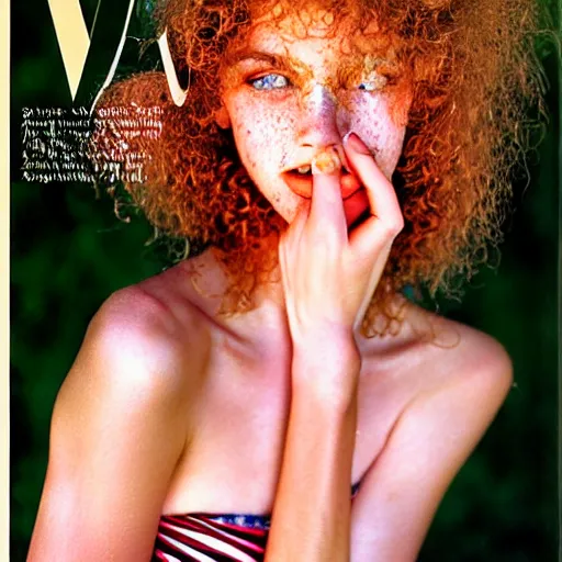 Image similar to a beautiful professional photograph by herb ritts, arthur elgort and ellen von unwerth for vogue and harper's bazaar magazines of a very beautiful lightly freckled and unusually attractive female fashion model