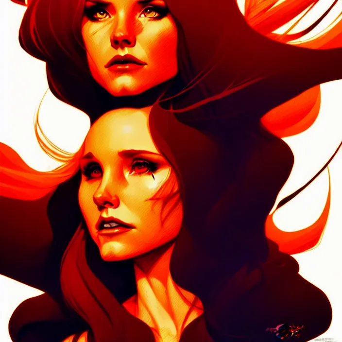 Image similar to style artgerm, joshua middleton, beautiful kristen bell with dark red dress, very long orange hair, symmetrical face, symmetrical eyes, fire powers fire swirling, detailed, volcano setting, cinematic lighting