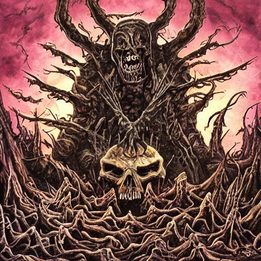 Image similar to the most metal place in hell, art by chris achilleos, doom metal