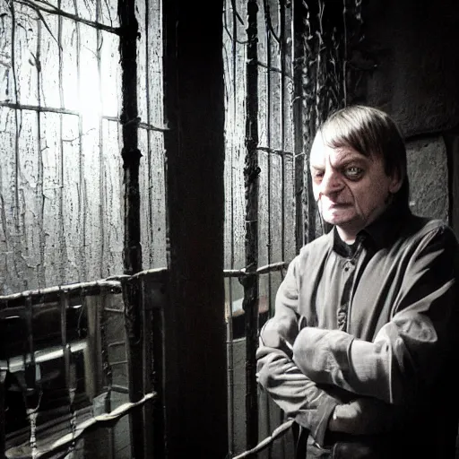 Prompt: mark e smith lurking in a dark scary castle, light shining through bars in the window