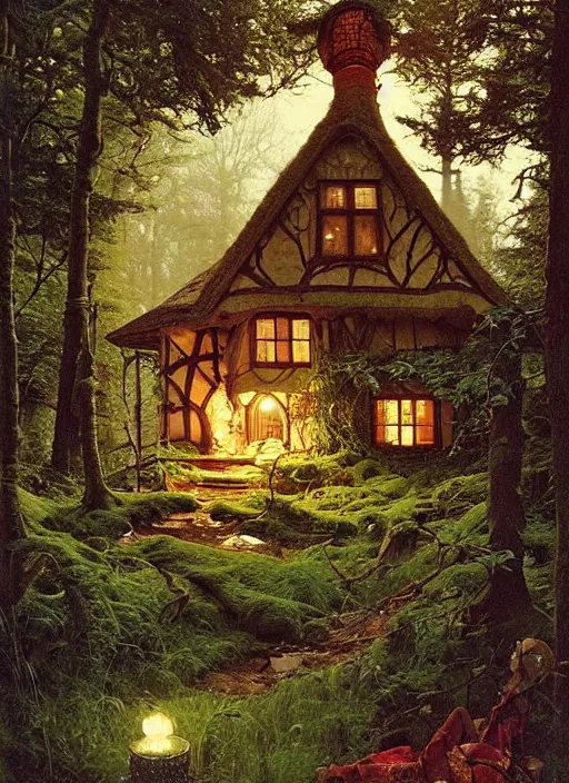 Prompt: hyper realistic homely witch cottage rococo in the woods gorgeous lighting, highly detailed, lush forest painting by norman rockwell, james gurney zdzisław beksinski and norman rockwell and greg rutkowskiweta studio