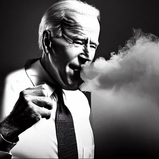 Prompt: joe biden exhaling a cloud of smoke during his mugshot, award winning mugshot photography