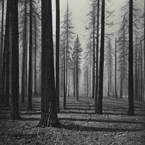 Image similar to a dark forest somewhere in usa, old photograph 1 9 2 0 s