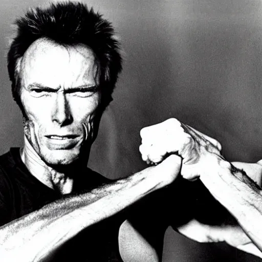 Image similar to clint Eastwood arm wrestling with himself