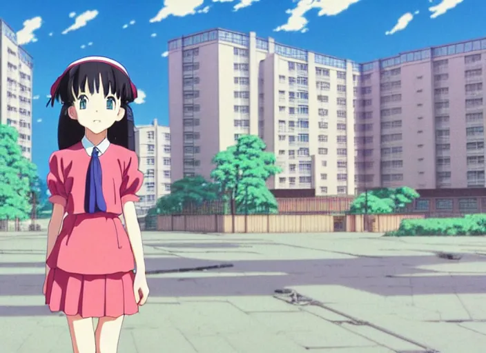 Prompt: anime fine details portrait of joyful school girl stay in front of big post soviet city buildings, nature, deep bokeh, close-up, anime masterpiece by Studio Ghibli. 8k, sharp high quality classic anime from 1990 in style of Hayao Miyazaki vivid synthwave