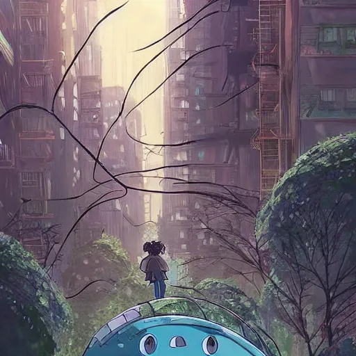 Image similar to a beautiful movie still in the style of Studio Ghibli anime showing a giant alien creature flying through a post-apocalyptic New York City overrun with vegetation. Studio Ghibli, trending on artstation, trending on behance