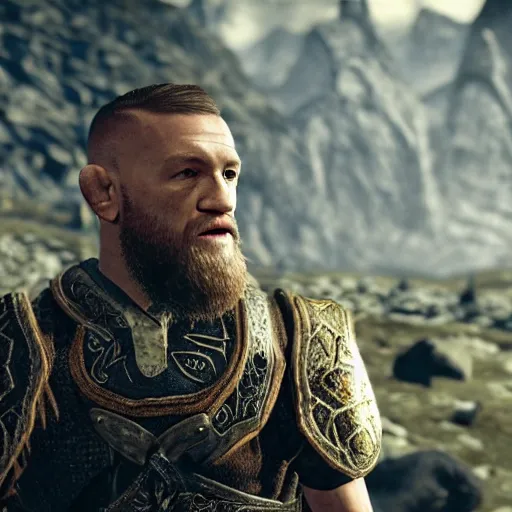 Image similar to character screenshot of conor mcgregor in skyrim, female armor, npc talking, wilderness, 1 0 8 0 p, bokeh, elder scrolls v, detailed, dialog text