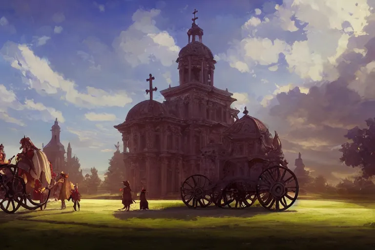 Prompt: a mobile driving ornate baroque church mounted on chainwheels, scene in an open field. key visual, conceptart, ambient lighting, highly detailed, digital painting, artstation, concept art, sharp focus, by makoto shinkai and akihiko yoshida and greg manchess