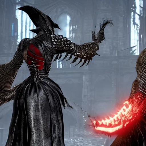 Prompt: Kim Kardashian fighting monsters in the setting of Bloodborne, gothic, detailed,