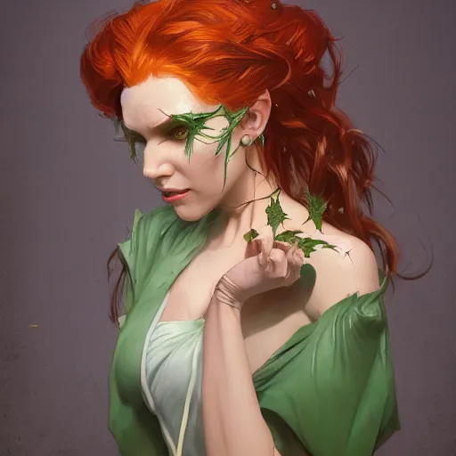 Image similar to a beautiful and detailed matte painting of poison ivy dressed as a hospital nurse, fantasy, d & d, dark eyeliner, intricate, elegant, highly detailed, digital painting, artstation, concept art, matte, sharp focus, illustration, art by greg rutkowski and alphonse mucha