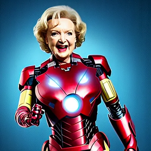 Image similar to promotional still of betty white as marvel's iron man [ film ], hero pose but shy, action, adventure, romance, imax 7 0 mm, 4 k