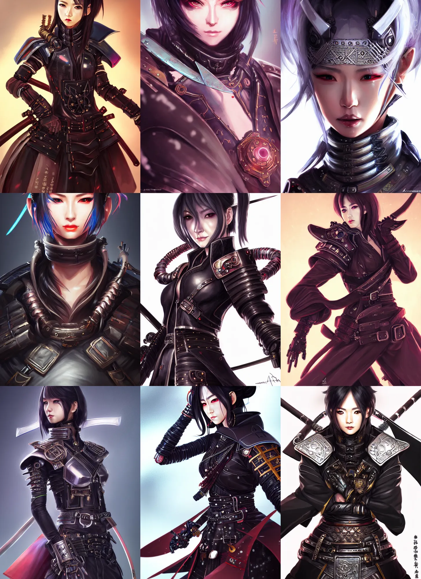 Prompt: portrait of a mix between technomancer and samurai, female, shiny robots and odachi, leather coat, high fantasy, dnd, face details, extremely detailed, smooth, sharp focus, digital illustration, by artgem, rossdraws, sakimichan