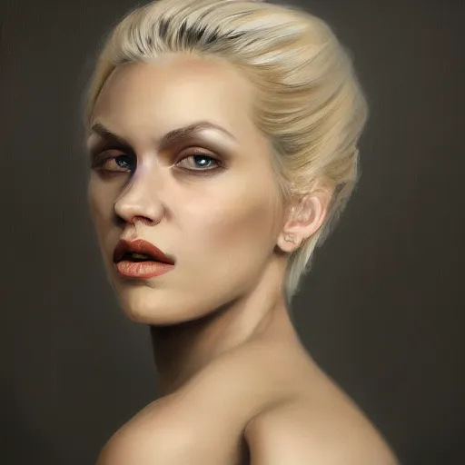 Prompt: a portrait of a blonde woman with strong features, dramatic lighting, oil painting, pale colors, high detail, 8 k, wide angle, trending on artstation,