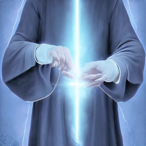 Image similar to A wizard holding a wand casting a spell of light, digital art