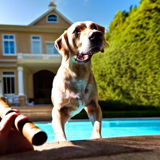 Image similar to a very detailed photo of a dog smoking a cigar outside the mansion by the pool