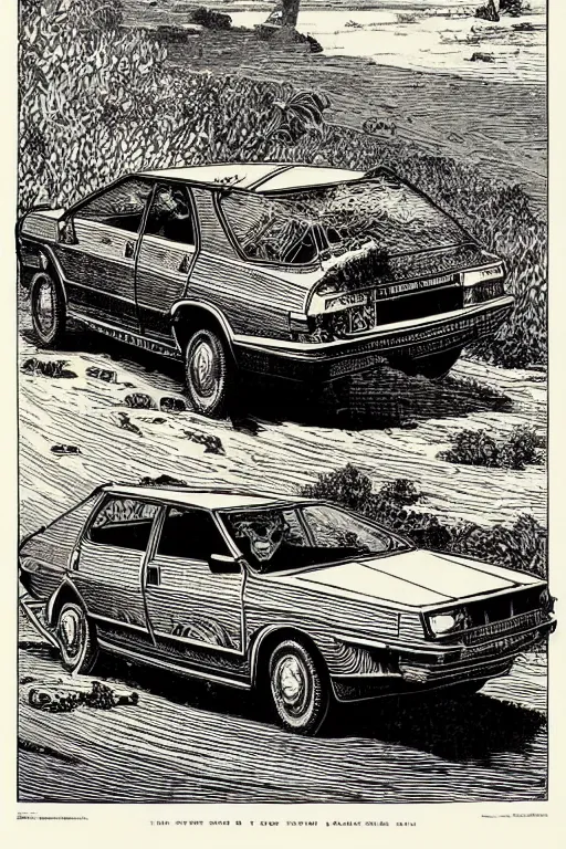 Image similar to 19th century wood-engraving of Toyota Corolla V, whole page illustration from Jules Verne book, art by Édouard Riou Jules Férat and Henri de Montaut, high quality, beautiful, removed watermarks