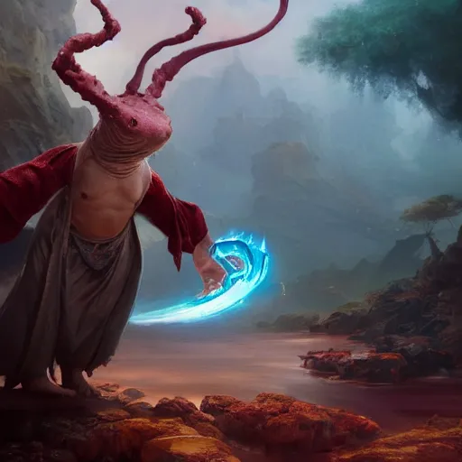 Image similar to oil painting of a Anthropomorphized Axolotl wizard casting epic spell, sharp focus, heroic pose, fantasy style, octane render, volumetric lighting, 8k high definition, by greg rutkowski, highly detailed, trending on art Station, magic the gathering artwork, centered