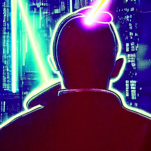 Prompt: Pope shooting bright lasers out of his head, 80s, science fiction, cyberpunk, neon, low angle shot, cross, pope, movie poster
