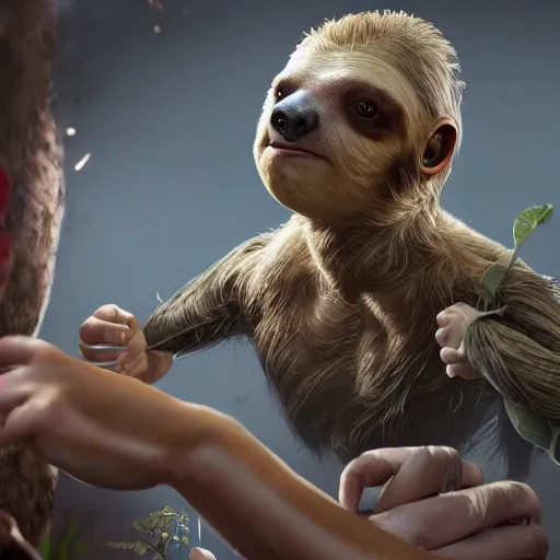 Prompt: sloth from the goonies winning a beauty contest, hyper detailed, dramatic lighting, cgsociety, realistic, hyper detailed, insane details, intricate, dramatic lighting, hypermaximalist, golden ratio, rule of thirds, octane render, weta digital, micro details, ultra wide angle, artstation trending, 8 k,