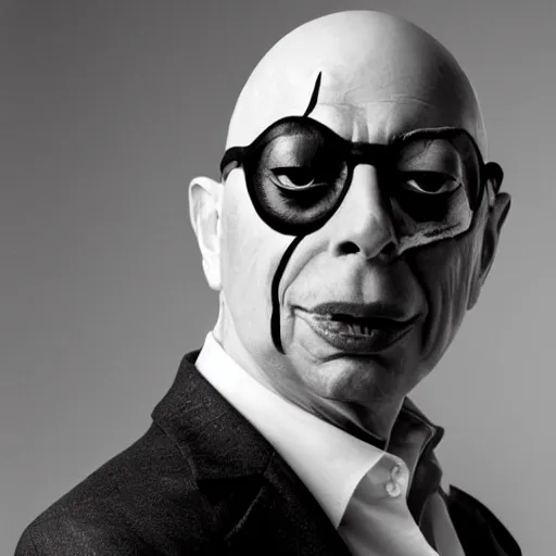 Image similar to UHD candid photo of Klaus Schwab dressed as Dr. No, wearing extremely accurate clown makeup, accurate face, UHD, photorealistic, correct face, photo by Annie Leibowitz