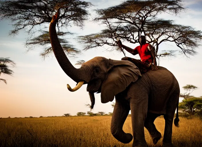 Image similar to film still, extreme wide shot of an tribal african man riding an elephant alone on the savannah, extreme long shot, 4 k, award winning