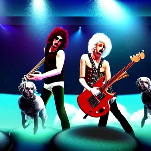 Image similar to rock band queen giving concert underwater with audience full of dogs, hyperrealistic portrait, fantasy art, photo realistic, dynamic lighting, artstation, poster, volumetric lighting, very detailed face, 8 k, award winning