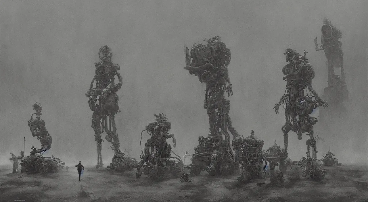 Image similar to dystopian steampunk robots harvesting humans, post apocalyptic, third reich vibes, by vladislav beksinski