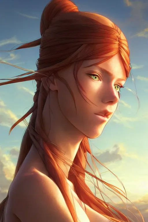 Prompt: long ginger hair, tanned woman in a prehistoric outfit, green eyes, by artgerm, hair tied in a ponytail, white backdrop, soft lighting, blue and purple colors, by greg rutkowski makoto shinkai takashi takeuchi