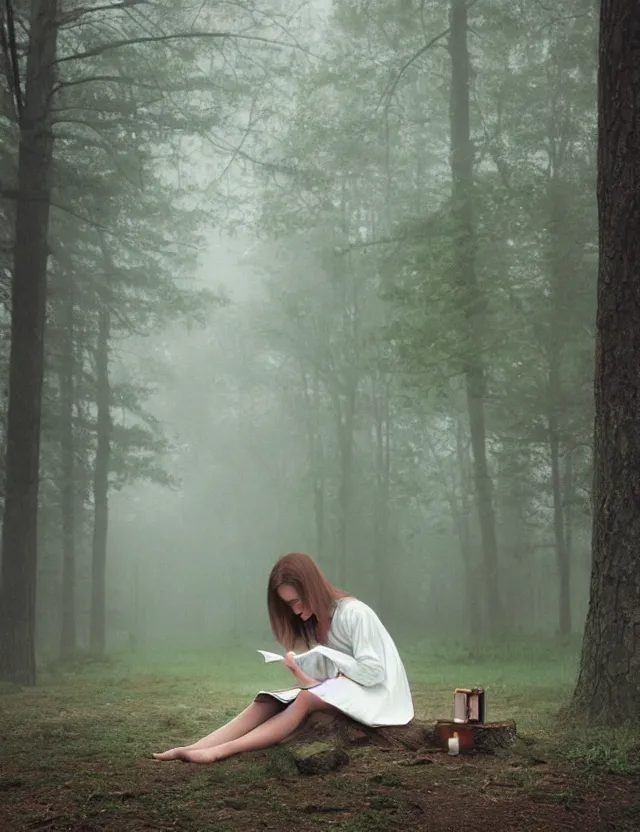 Image similar to Girl in white reading a book sitting on a tree in a foggy forest, Cinematic focus, Polaroid photo, vintage, neutral colors, soft lights, by Steve Hanks, by Serov Valentin, by lisa yuskavage, by Andrei Tarkovsky 8k render, detailed, oil on canvas