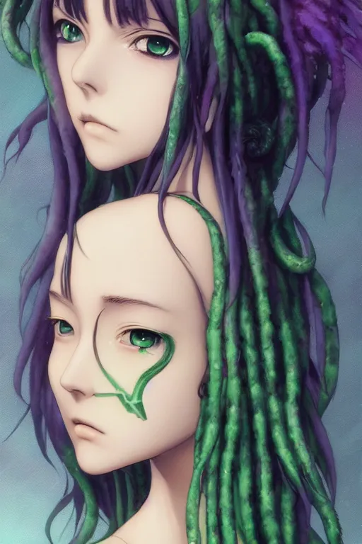 Prompt: portrait of an anime manga girl with green snake dreads, straight on portrait, by artgerm, james jean, tom bagshaw, gerald brom, vaporwave colors, lofi colors, vaporwave, lofi, goth vibe, 4 k, smooth, hd, substance designer render, full body character concept art, symmetrical,