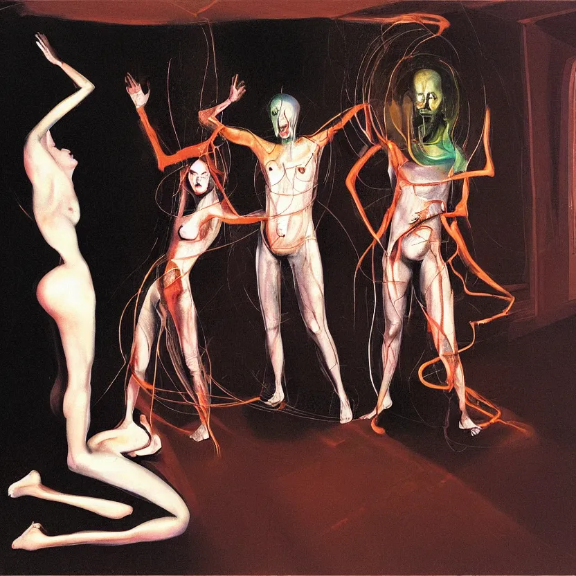 Image similar to Man and woman attached by love in a living room of a house, floating dark energy surrounds the middle of the room. There is one living room plant to the side of the room, surrounded by a background of dark cyber mystic alchemical transmutation heavenless realm, cover artwork by francis bacon and Jenny seville, midnight hour, part by adrian ghenie, part by jeffrey smith, part by josan gonzales, part by norman rockwell, part by phil hale, part by kim dorland, palette knife texture, smudged paint, muted cold colors, artstation, highly detailed