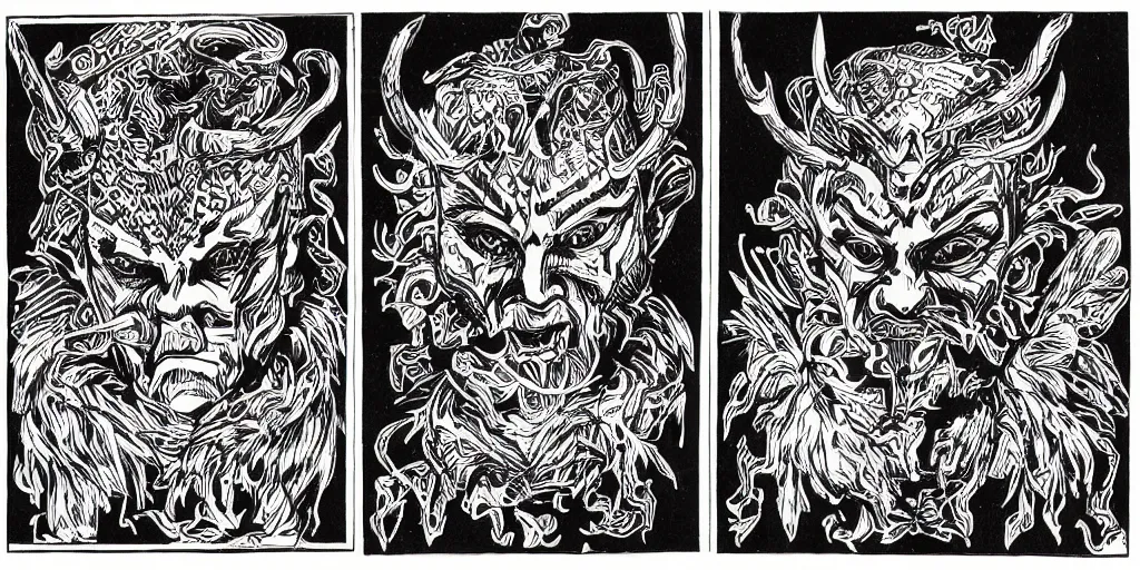 Prompt: scan of book with intricate geometrical and patterned ink drawings of tyrolean folklore masks, krampus, folklore, dance, dolomites, scary dark, dark ink, old paper