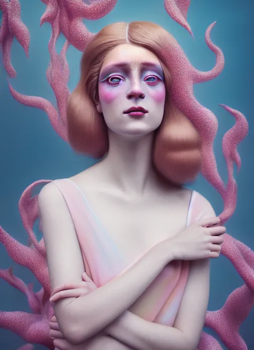 Image similar to Kodak Portra 400, 8K, soft light, volumetric lighting, highly detailed, fine art portrait photography in style of Flora Borsi, britt marling style 3/4 face morphing with pastel colors tropical fishes, metamorphosis complex 3d render , 150 mm lens, art nouveau fashion embroidered, intricate details, elegant, hyper realistic, ultra detailed, octane render, etheric, outworldly colours, emotionally evoking, head in focus, fantasy, ornamental, intricate, elegant, 8K, soft light, volumetric lighting, highly detailed, Refined, Highly Detailed, soft lighting colors scheme, fine art photography, Hyper realistic, photo realistic