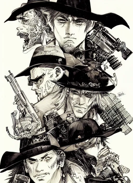 Prompt: a gunslinger wearing various hats on top of hats, by takehiko inoue and kim jung gi and hiroya oku, masterpiece ink illustration