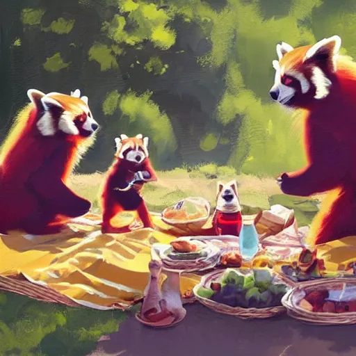 Prompt: greg manchess painting of a family of red panda characters having a picnic in the park, picnic blanket, food and drink, medium shot, asymmetrical, profile picture, organic painting, sunny day, matte painting, bold shapes, hard edges, street art, trending on artstation, by huang guangjian and gil elvgren and sachin teng