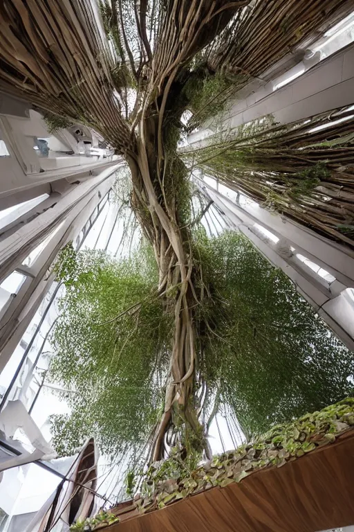 Image similar to urban atriums hyperdetailed hyperrealistic tree house, roots growing from bottom to ceiling, wooden modern decoration