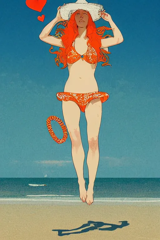 Prompt: A girl in a white lacy bikini and white sun hat and Holding a heart-shaped lifebuoy, jumping for joy,long orange hair floating on air ,Waves and splashes,beach,geometric shapes, hard edges ,Smooth visual lines,,graphic Design by mucha