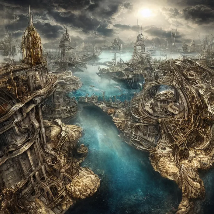 Prompt: stunning beautiful underwater city, photorealism by erik johansson, full colour spectrum, iridescent specular highlights, white biomechanical, gold, bronze, copper, chrome, titanium, by h. r. giger, tim burton supersampled, 8 k, beautify