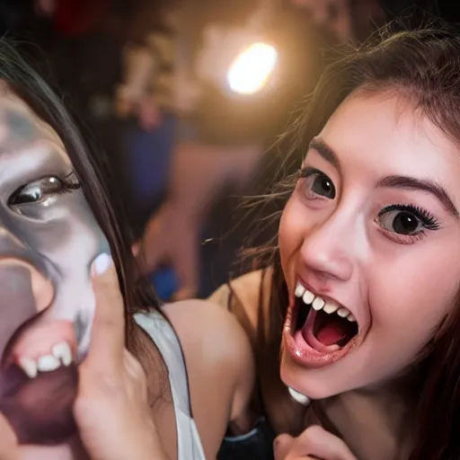 Image similar to a horrifying disfigured monster photobombs a cute girl's selfie at night, 4K