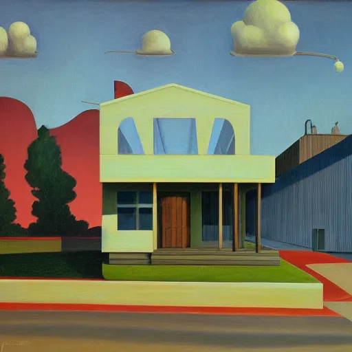 Image similar to googie architecture, grant wood, pj crook, edward hopper, oil on canvas